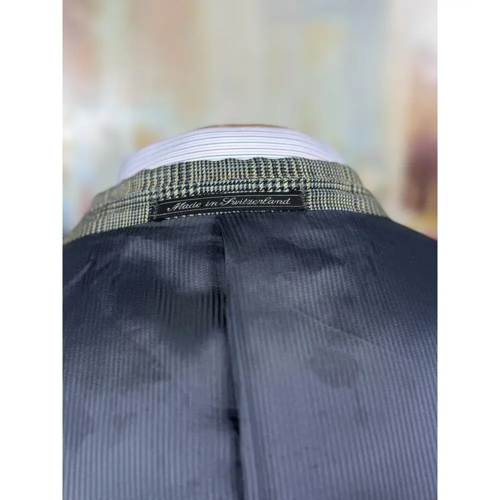 Ermenegildo Zegna Soft Blue Tan Glen Plaid Linen Wool Mohair Sport Coat 46R 56IT